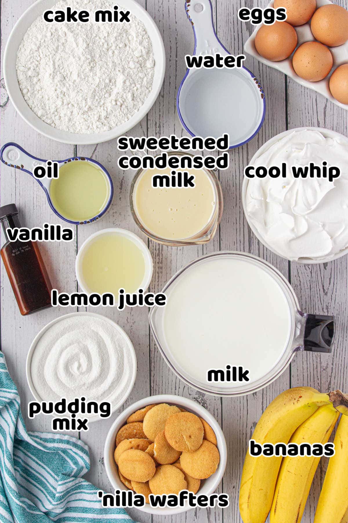 Labeled ingredients for banana pudding poke cake.