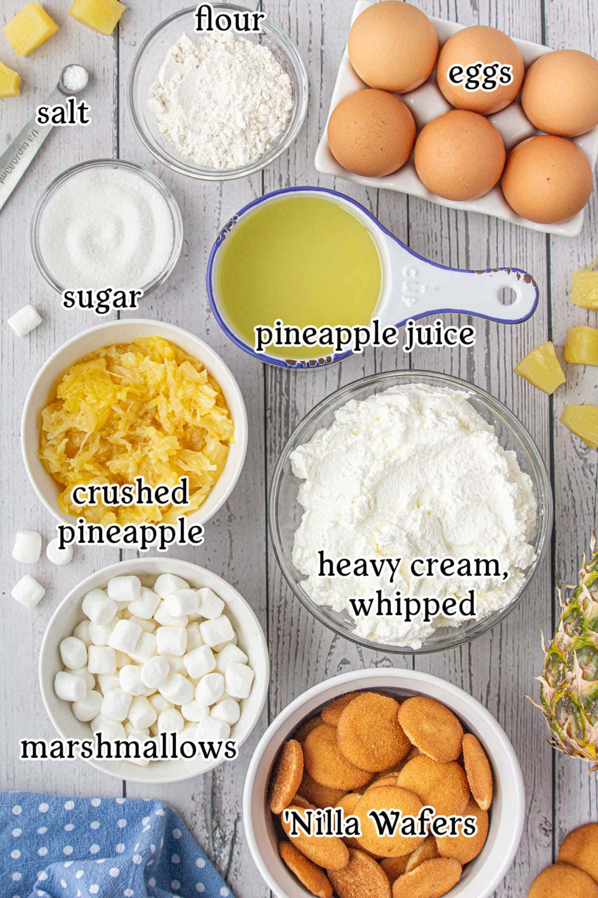 Labeled ingredients for fluffy pineapple pie.
