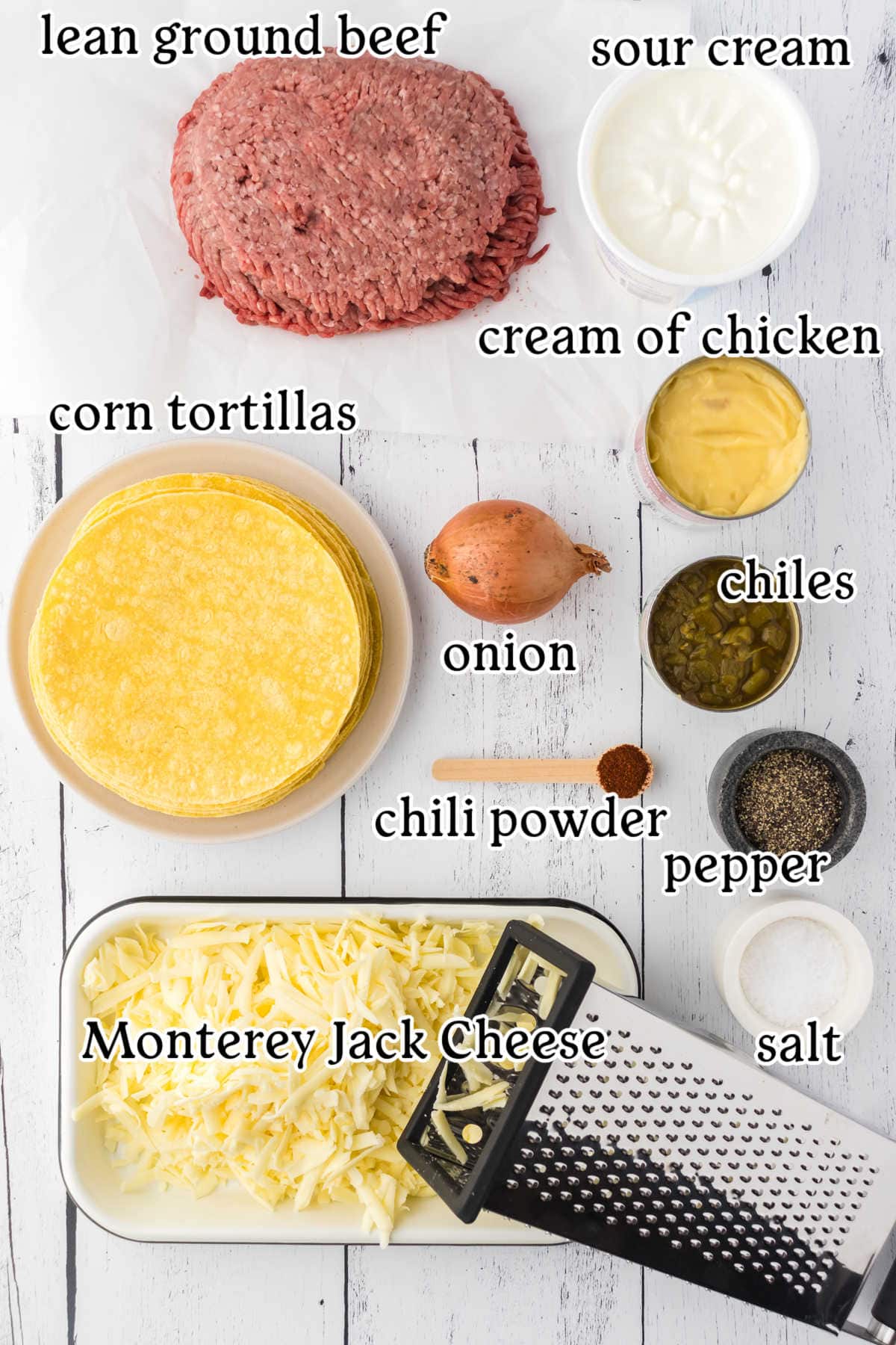 Labeled ingredients for green chile enchiladas.