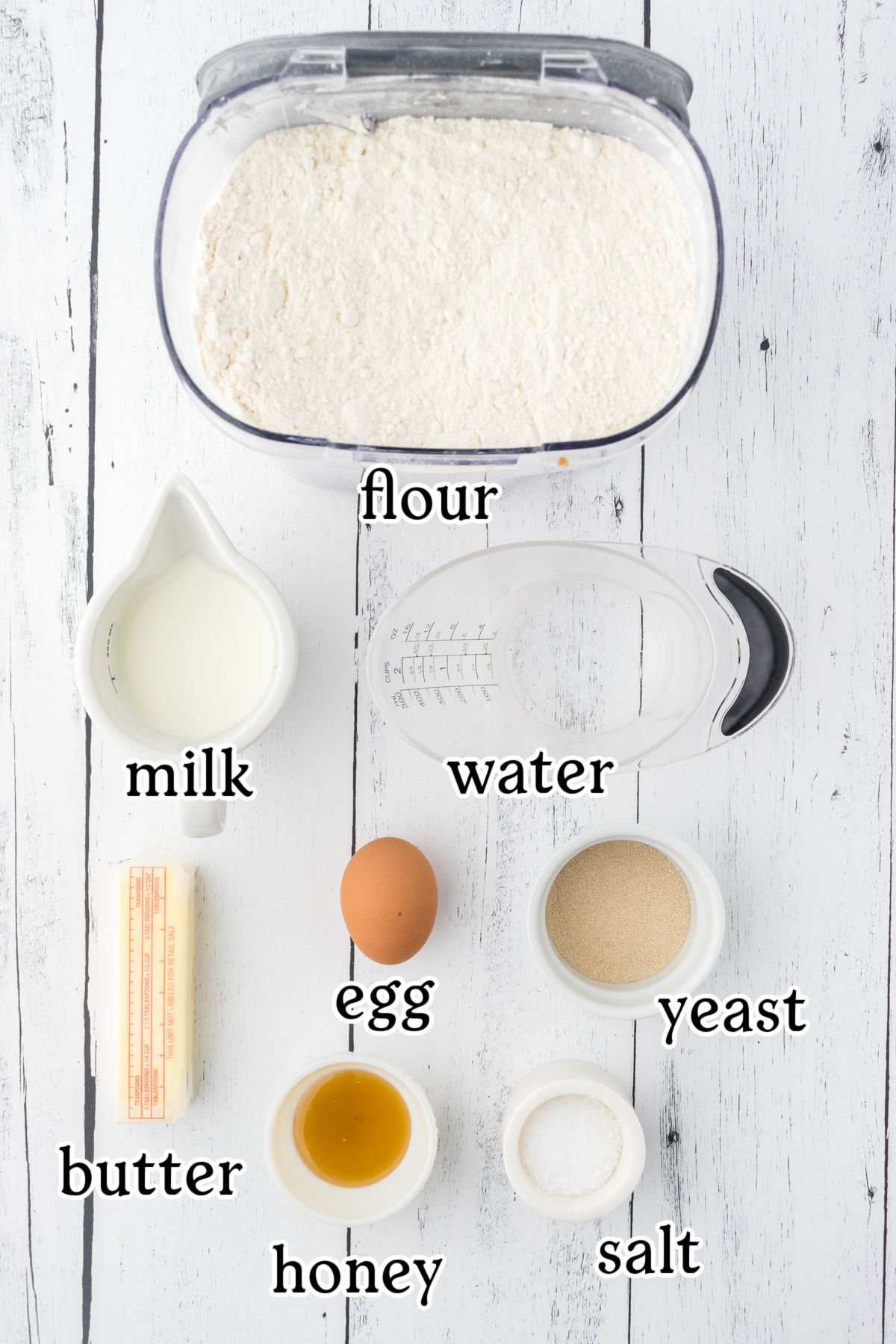 Labeled ingredients for this hamburger bun recipe.