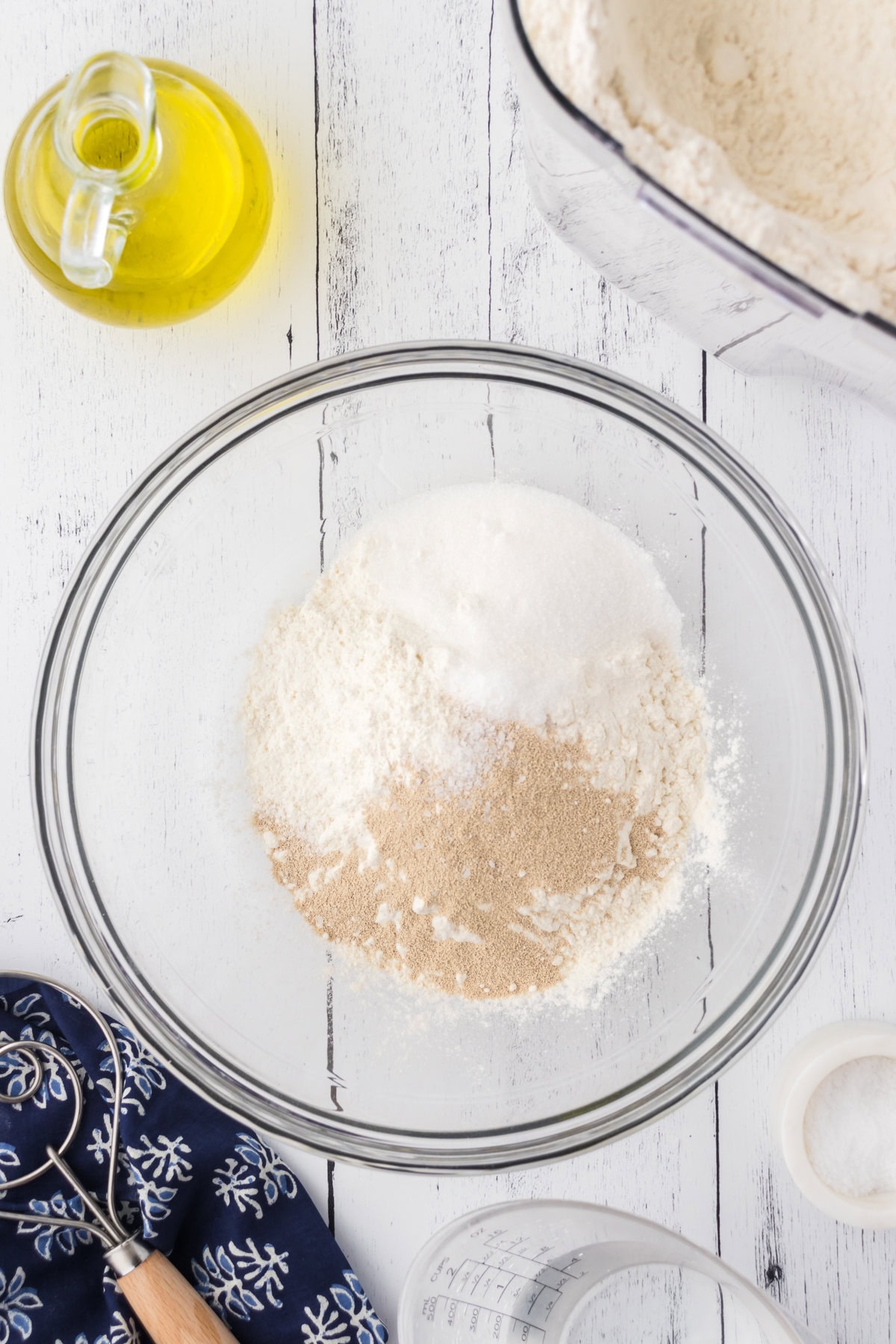 Dry ingredients in a bowl being mixed.
