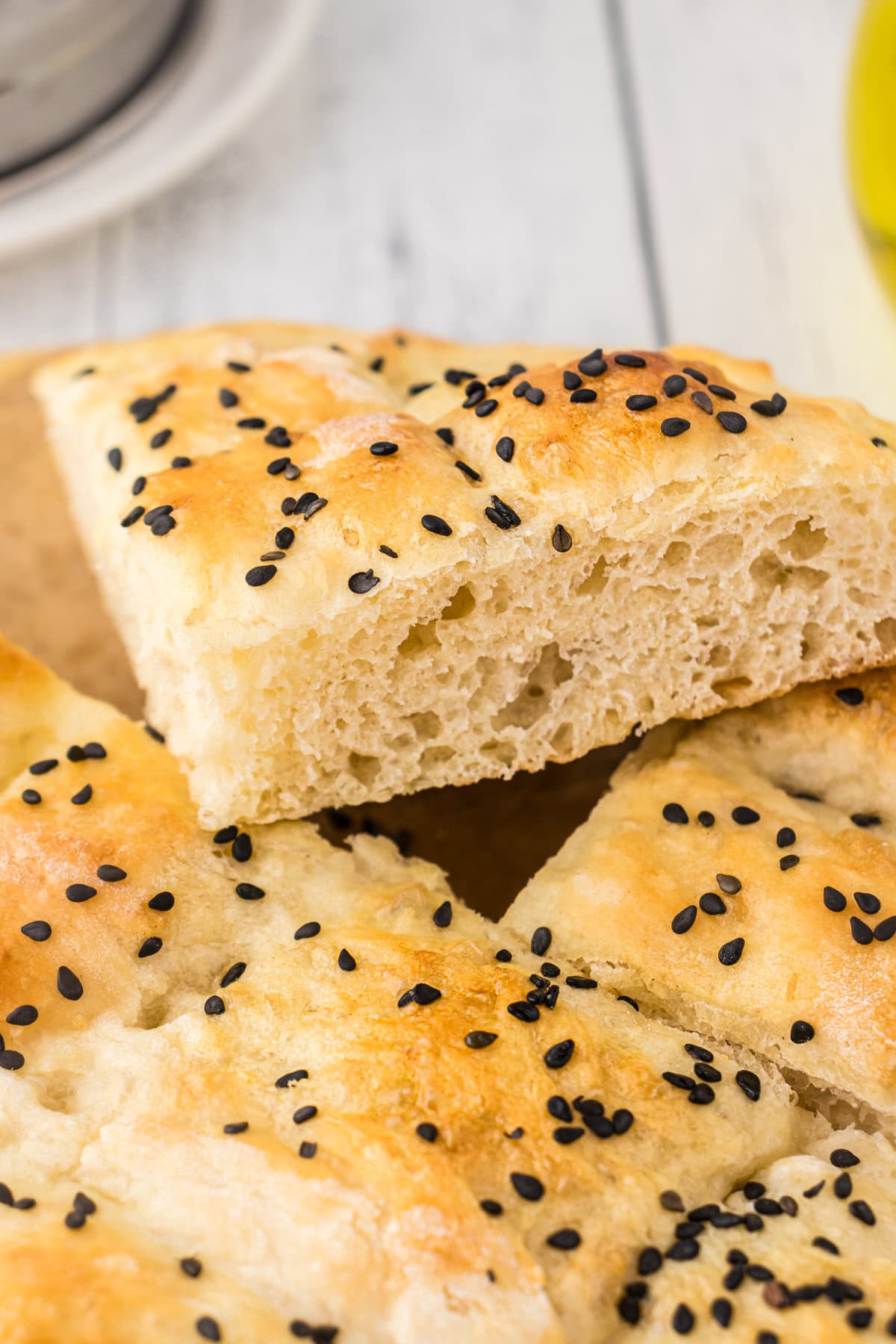 Pieces of cut Turkish bread on a platter.