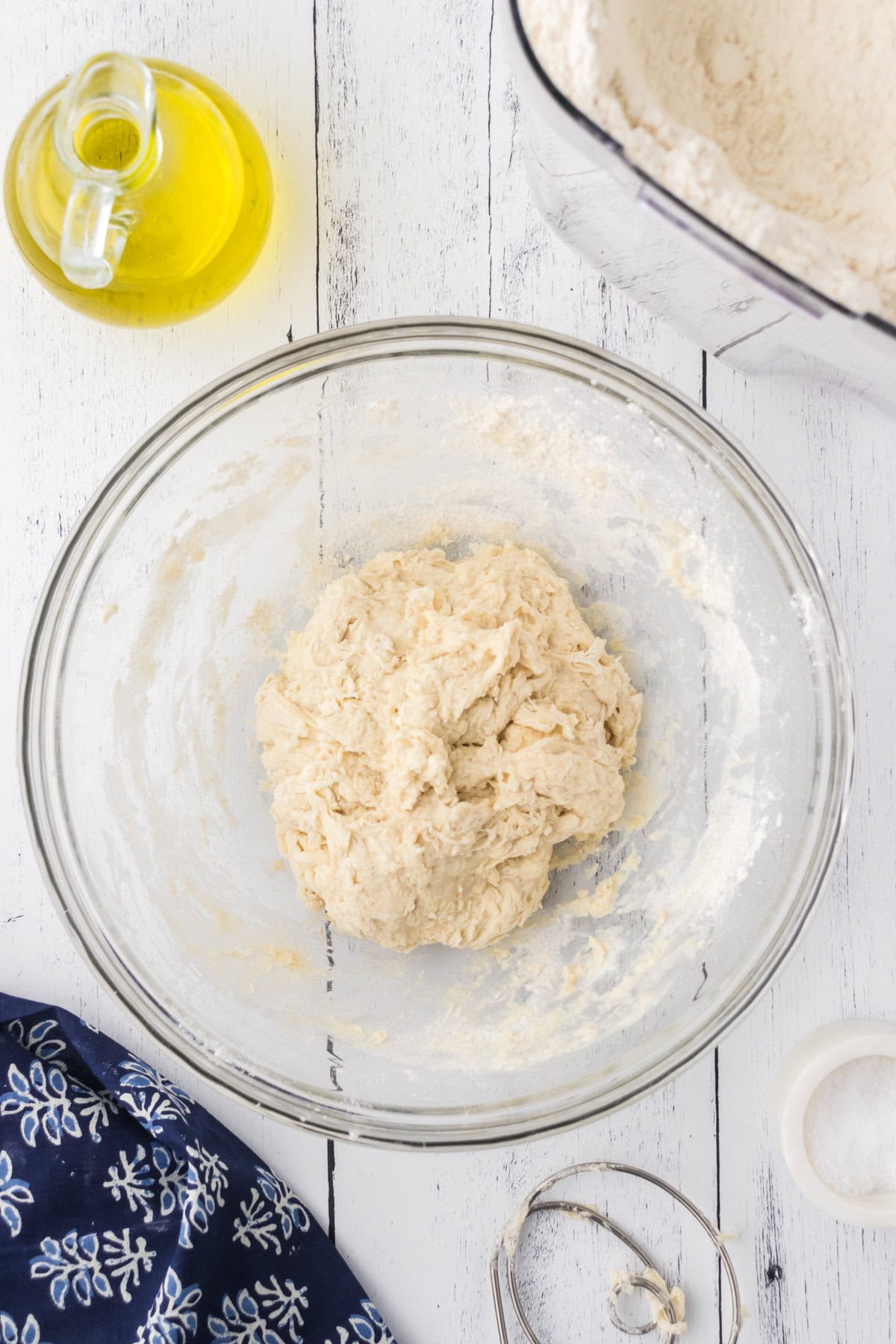 A ball of the mixed dough in the bowl.