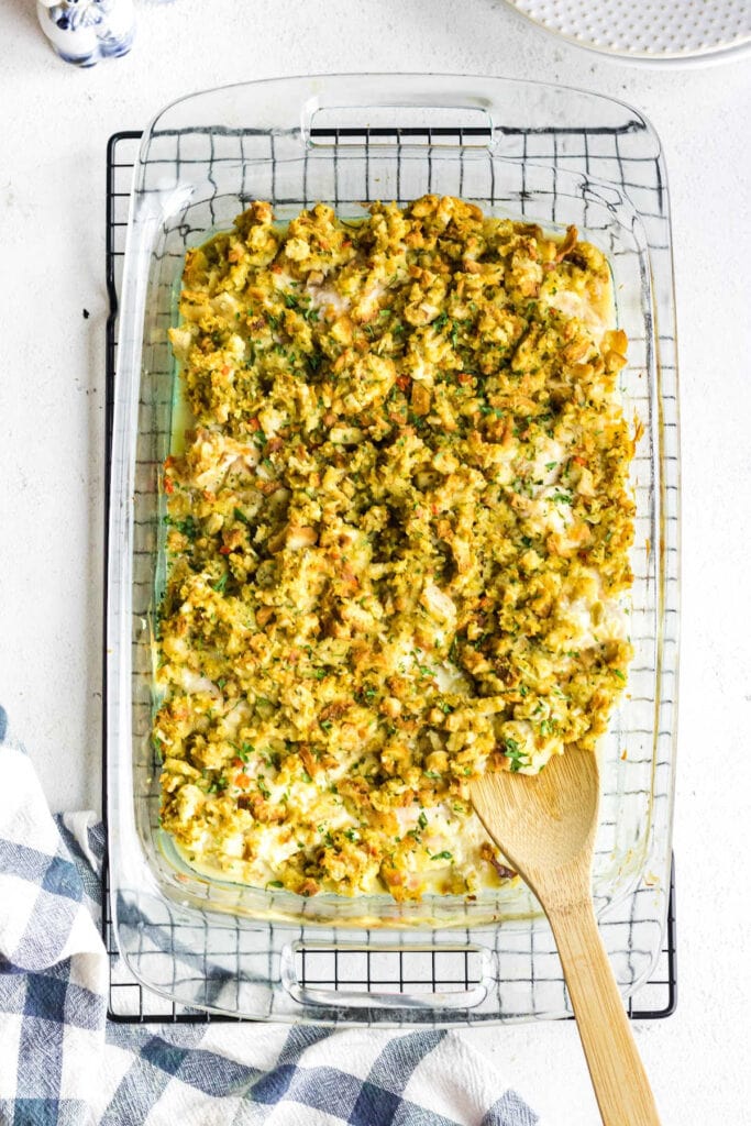 Overhead view of chicken and stuffing bake.