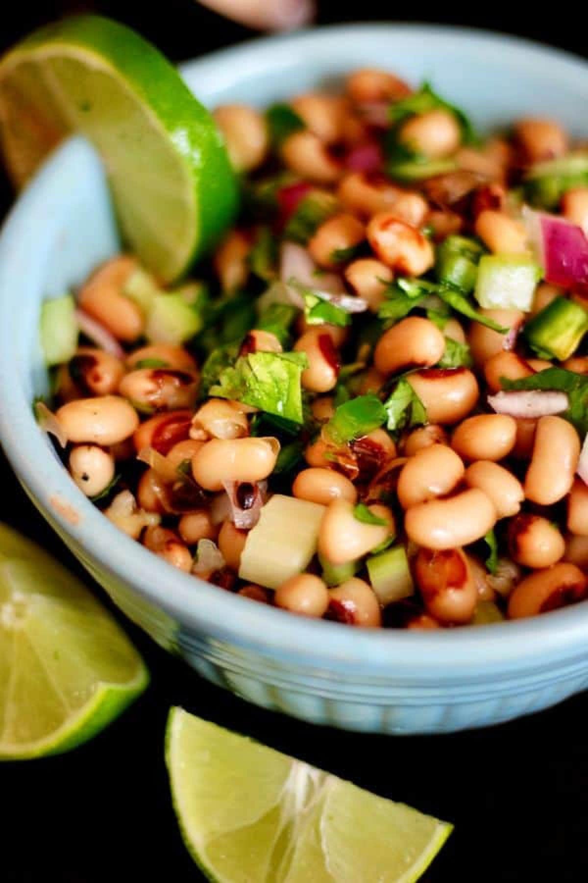 Closeup of a bowl of blackeyed pea salad.