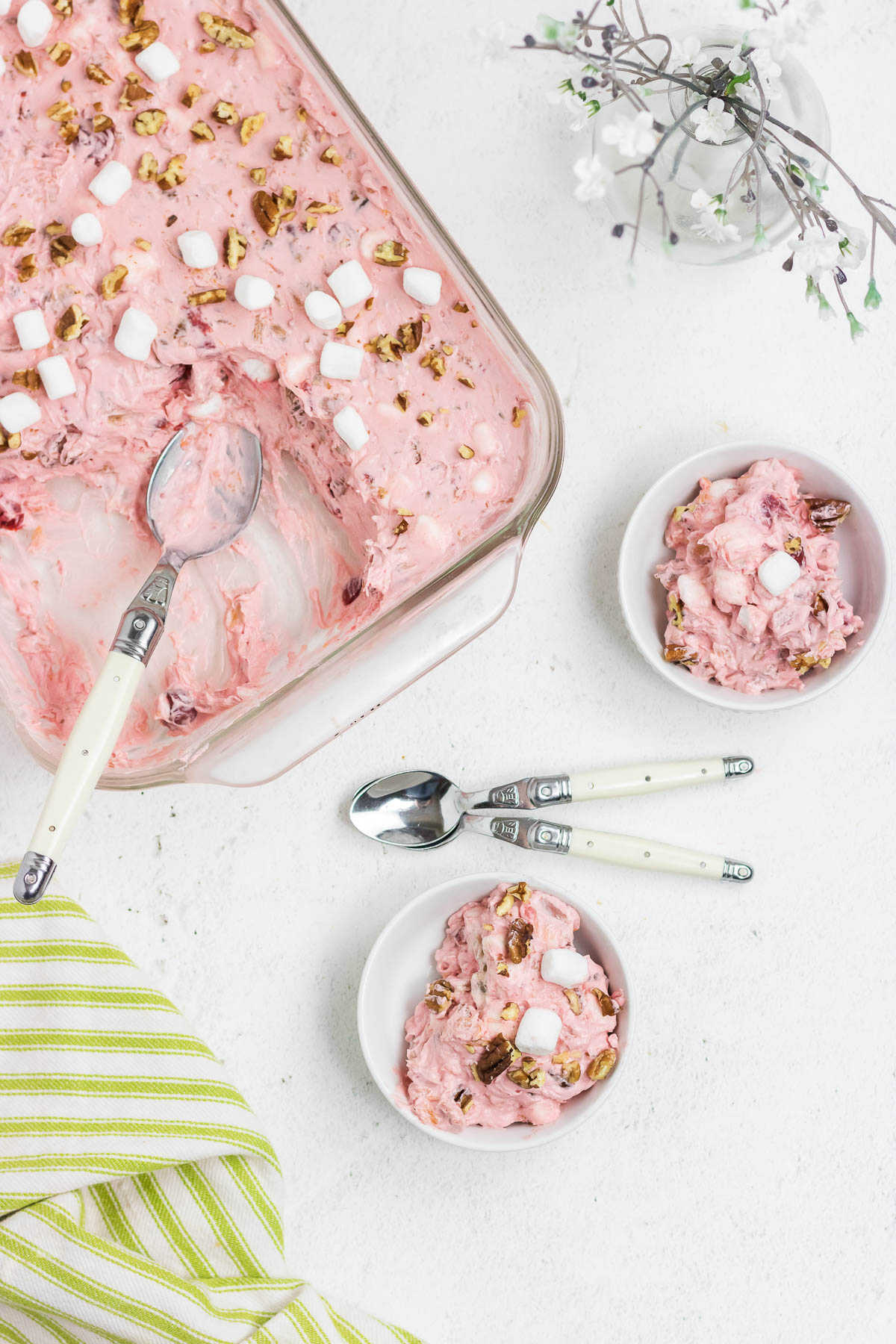 Overhead view of creamy pink salad with marshmallows.