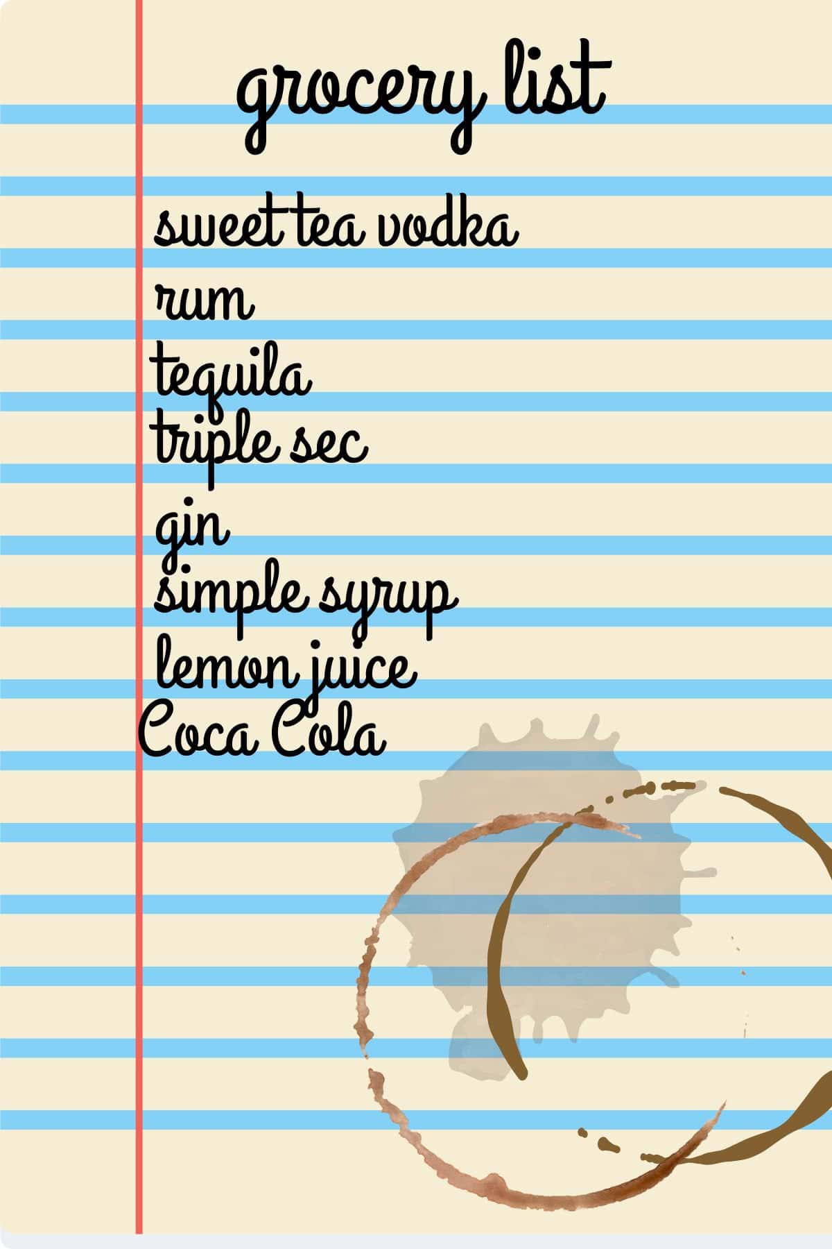 Notebook paper with the ingredients for long island tea written on it in cursive.