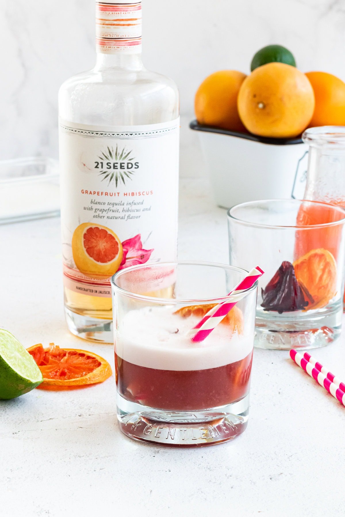 A view of the finished tequila sour on a table.