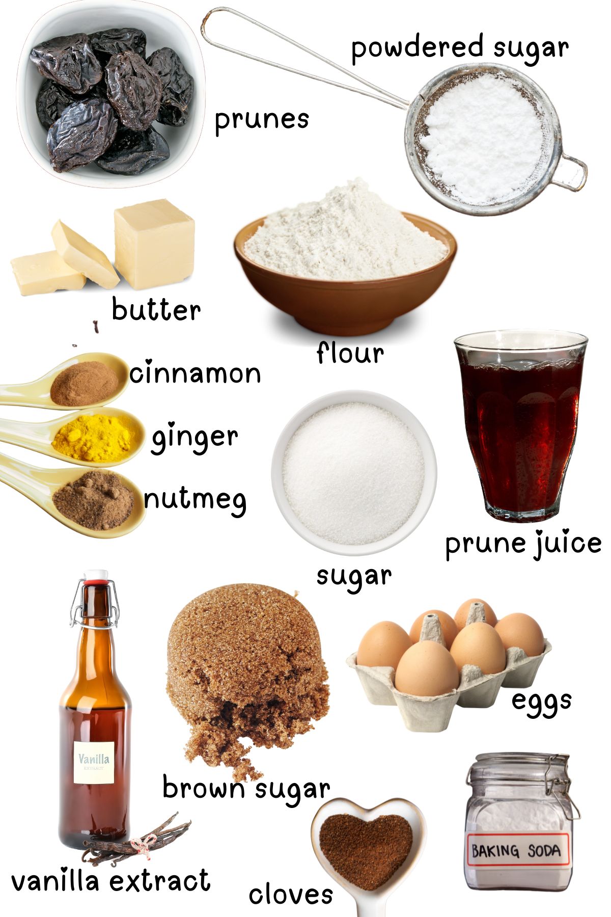 Labeled ingredients for Amish prune cake.