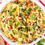 Overhead view of a bowl of pasta salad.