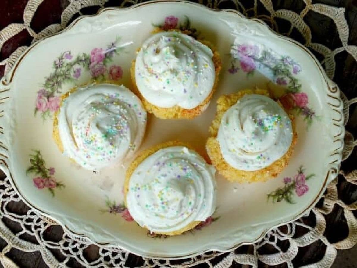 Overhead view of cupcakes on a serving platter.
