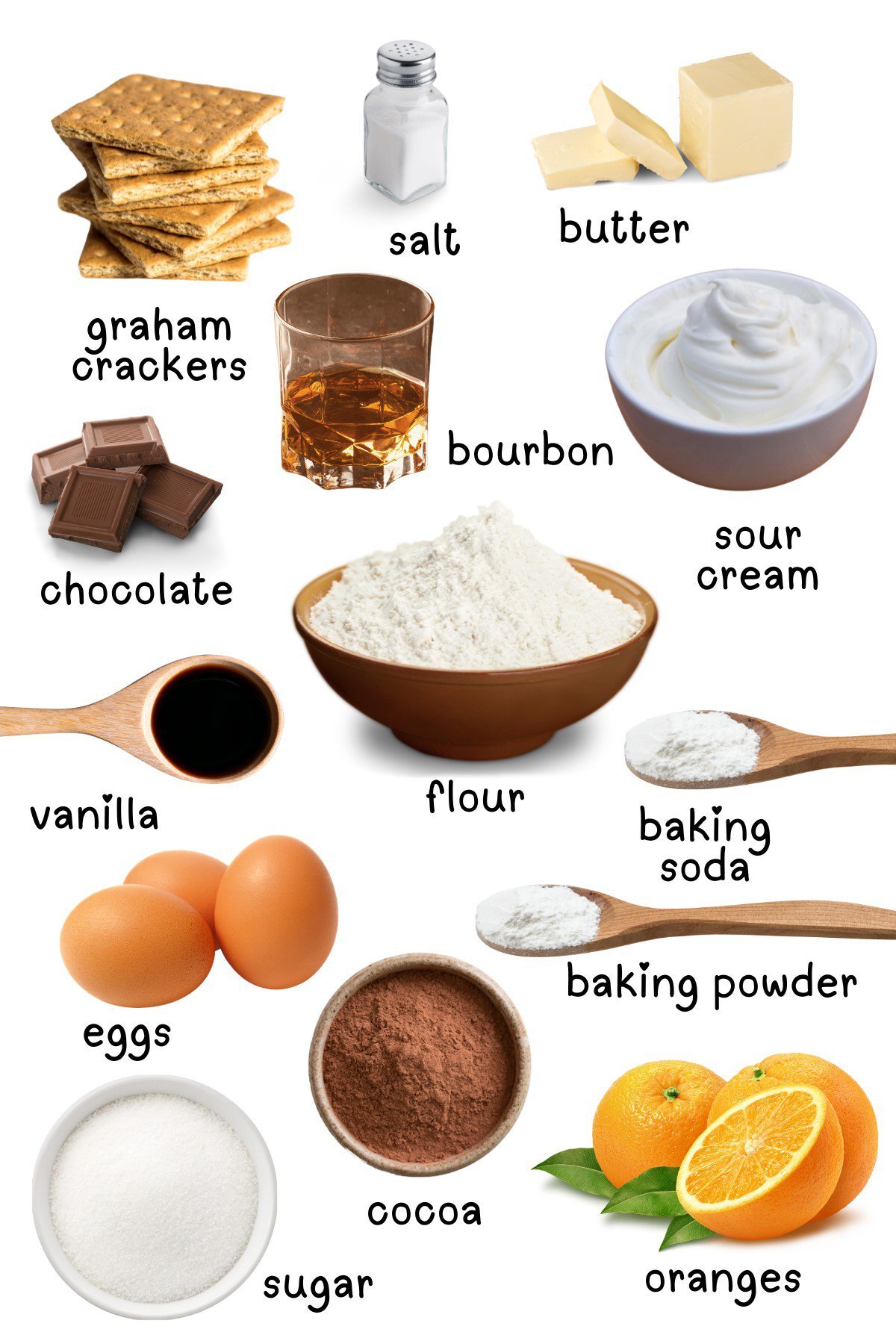 Labeled ingredients for marble pound cake.