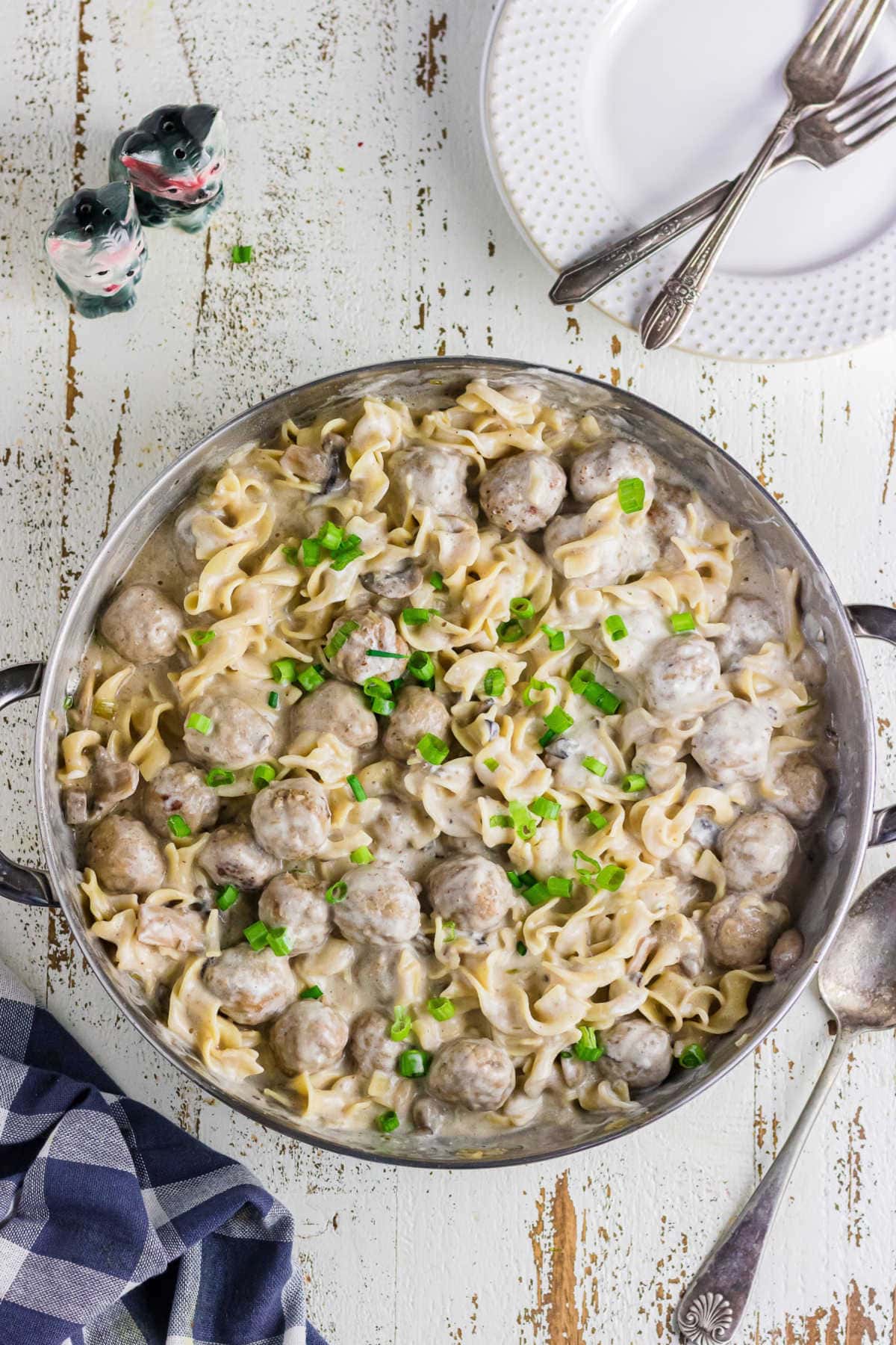 Overhead view of meatball stroganoff in a pan.