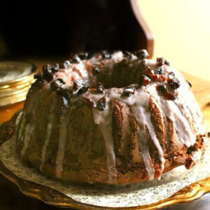 Bundt cake on a countertop.