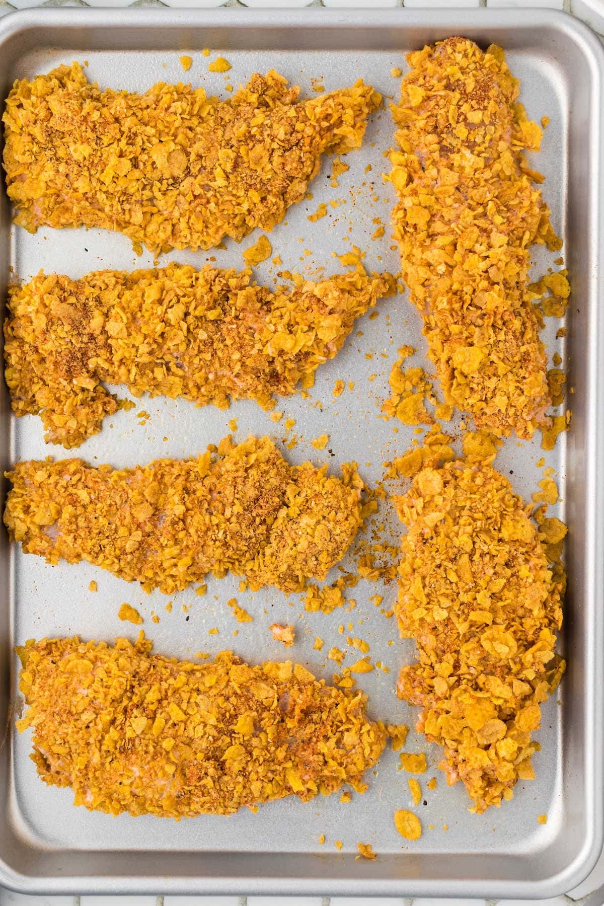 Finished crispy cornflake chicken tenders.