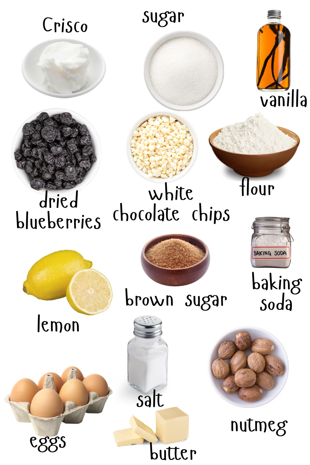 Labeled ingredients for blueberry white chocolate cookies.