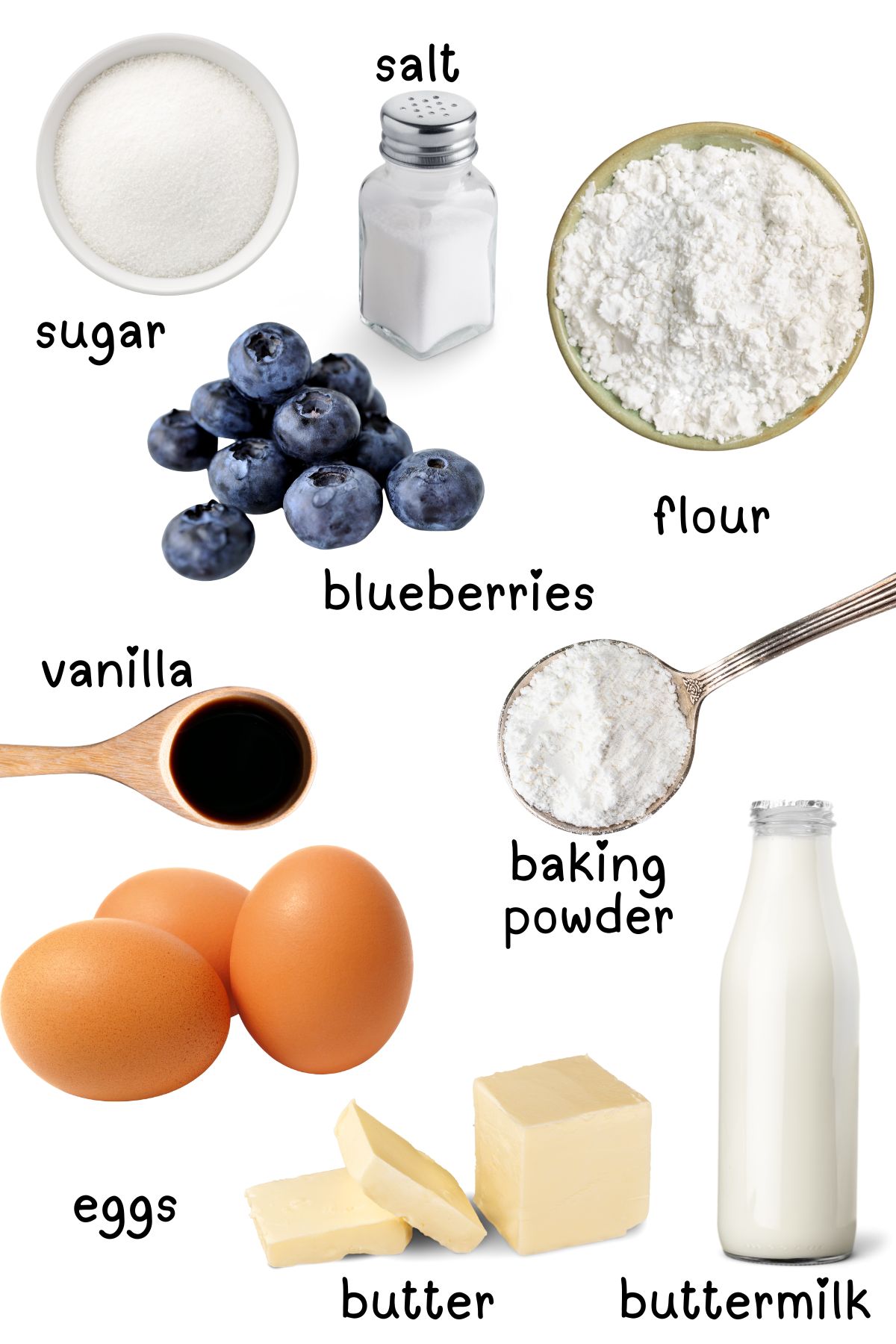 Labeled ingredients for blueberry muffins.