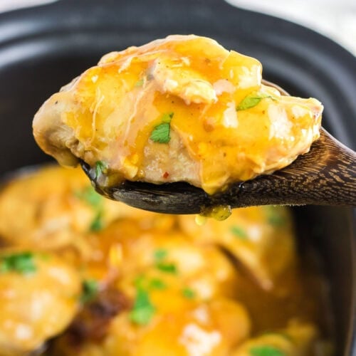Closeup of orange chipotle chicken being served.