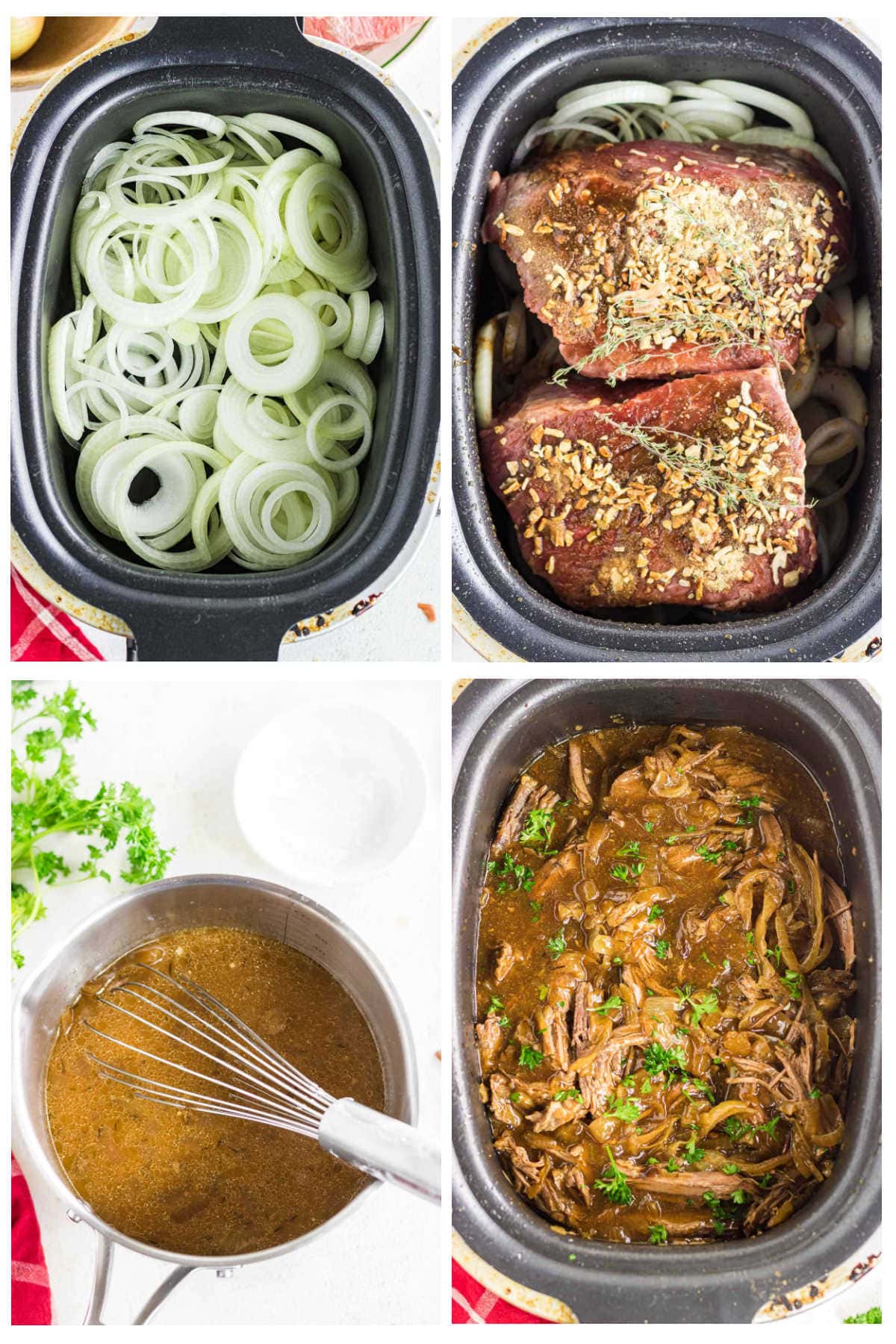 Step by step images showing how to make french onion pot roast in a crockpot.