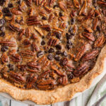 Overhead view of the bourbon chocolate pecan pie.