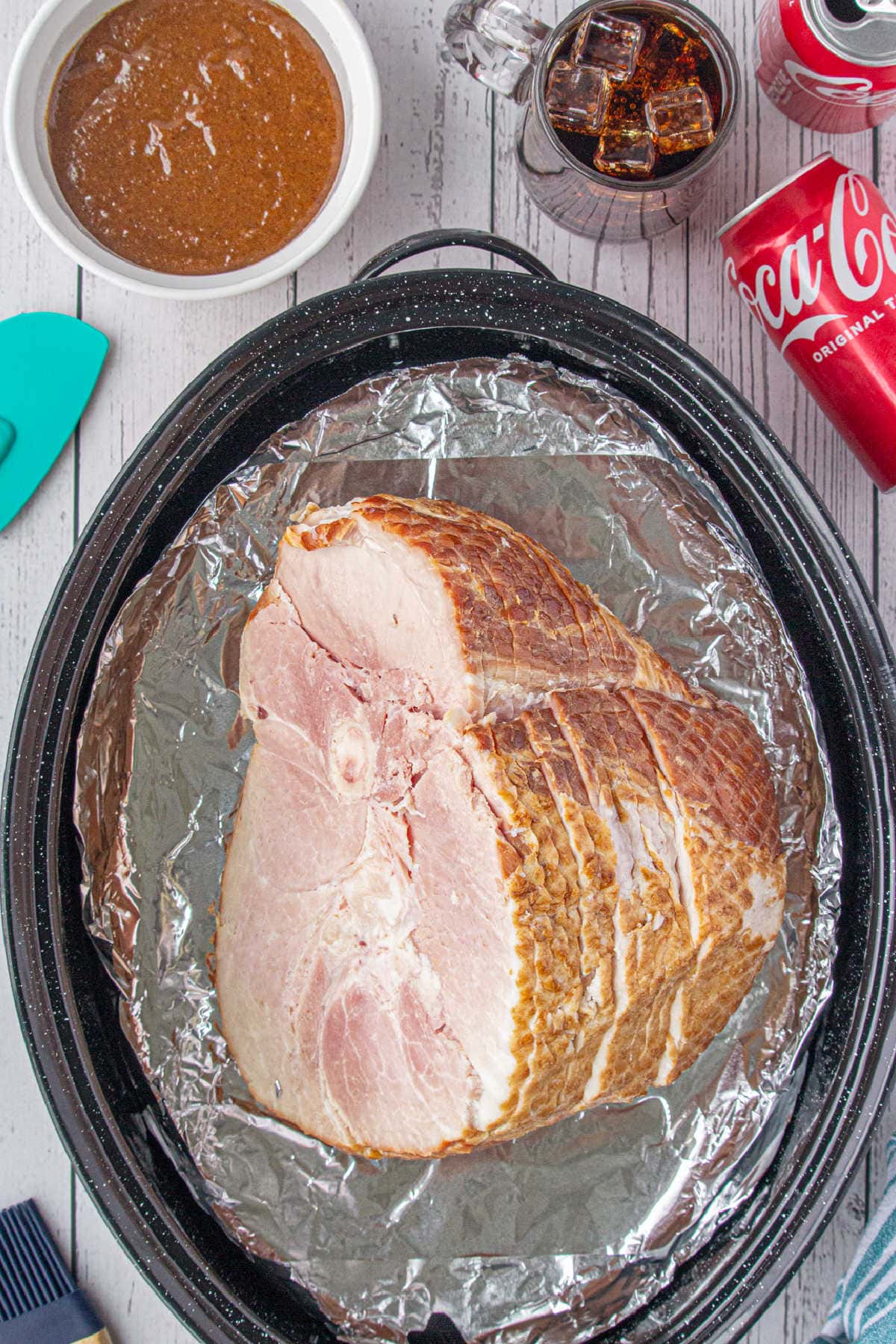 Ham in a roasting pan.