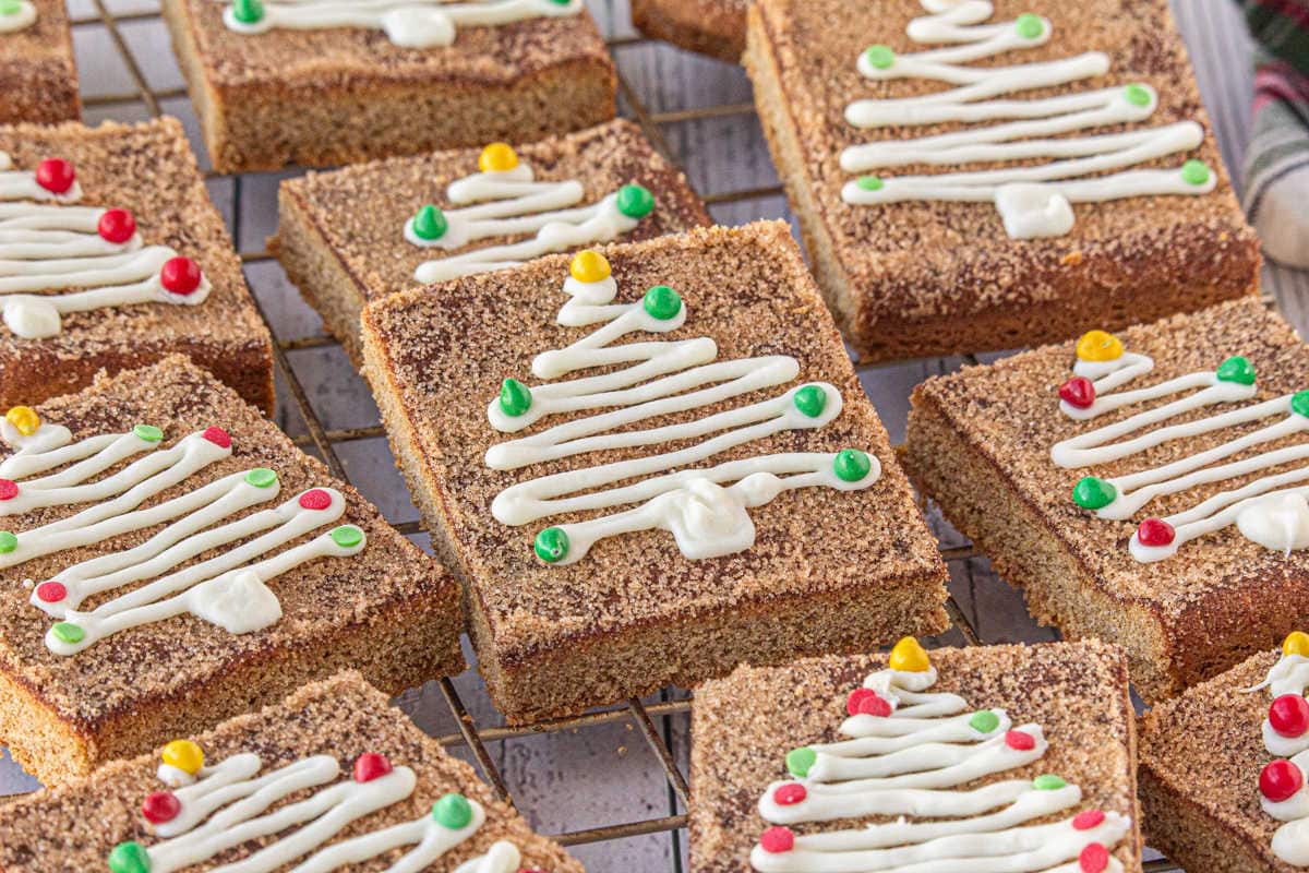 Snickerdoodle cookie bars on a table.