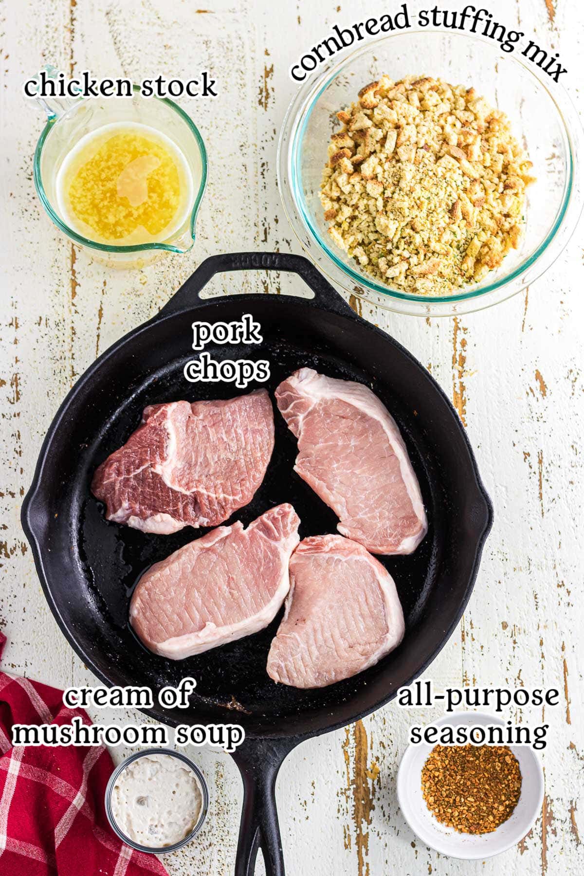 Pork chops and stuffing casserole ingredients with text overlay.