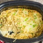 Overhead view of chicken tetrazzini in the slow cooker.