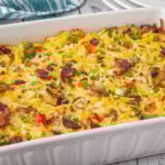 Amish breakfast casserole in a white casserole dish.