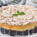 Peppermint bark cheesecake on a serving dish.