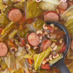 Overhead view of a ladle full of soup with a title text overlay for Pinterest.