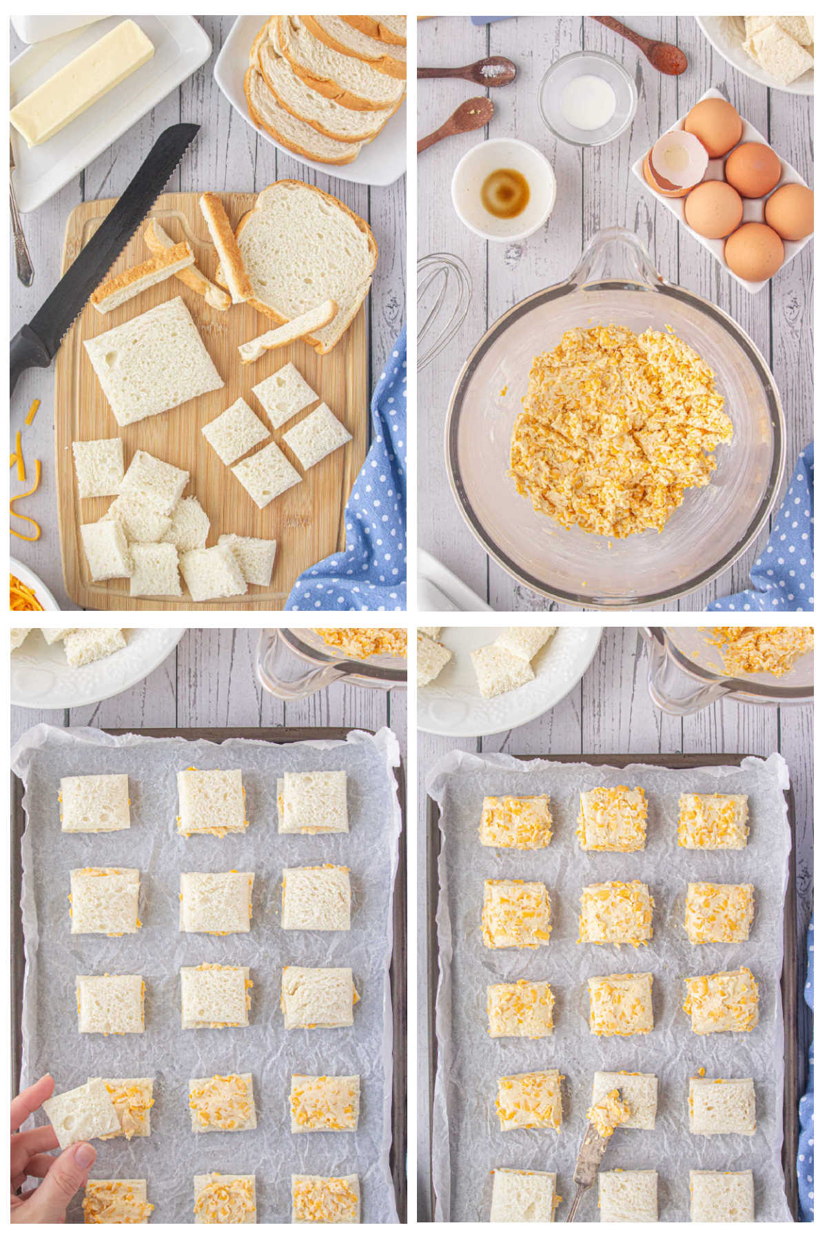 Step by step images showing how to make cheese dreams appetizers.