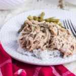 Shredded pork tenderloin on a white plate.