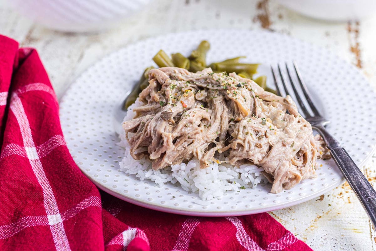 Shredded pork tenderloin on a white plate.