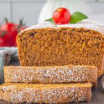 Close up of tomato cake slices.