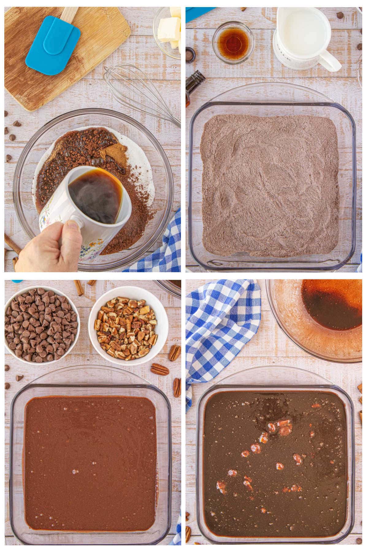 Step by step images showing how to make hot chocolate cobbler in the microwave.