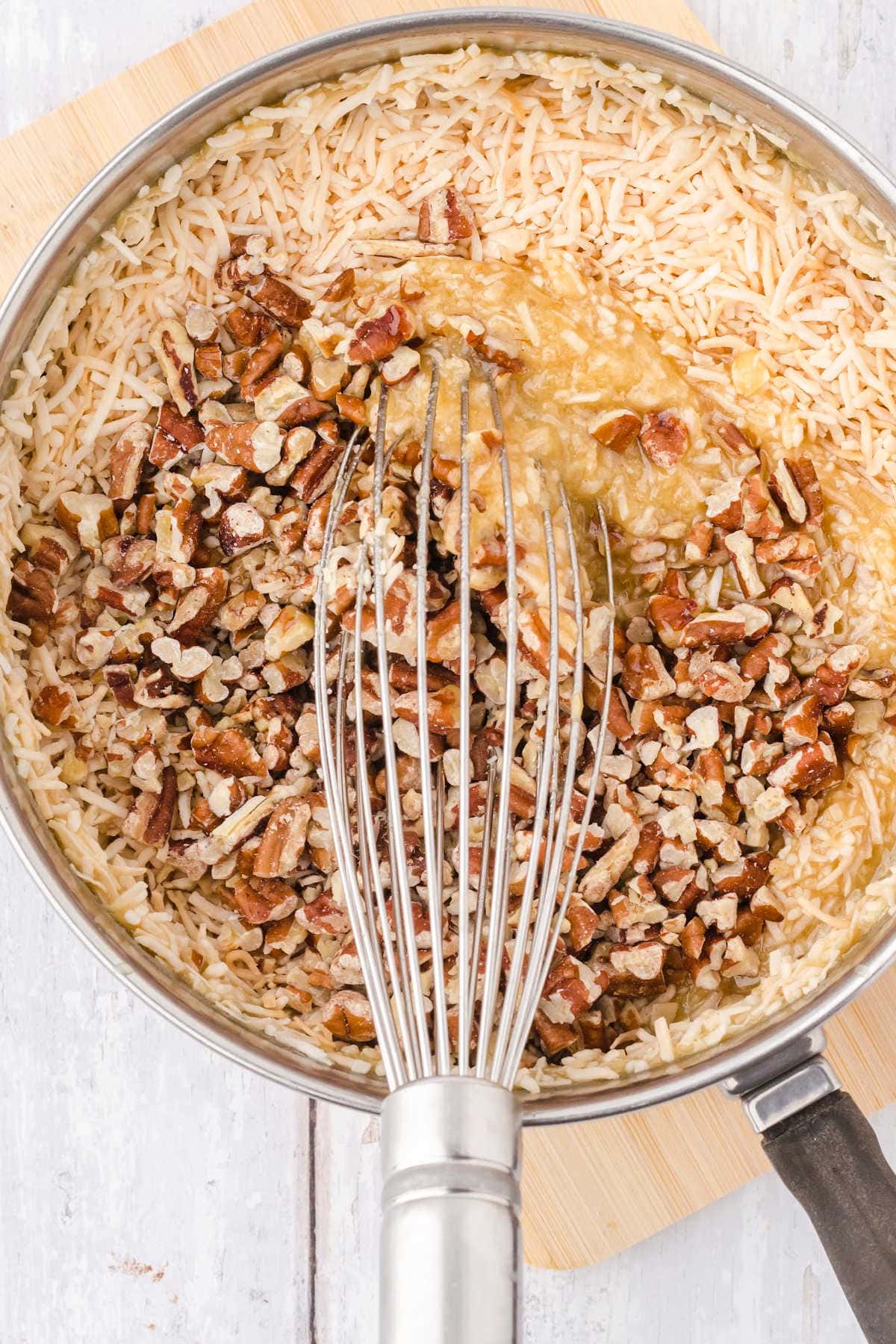 The coconut, pecans, and milk mixture simmering.