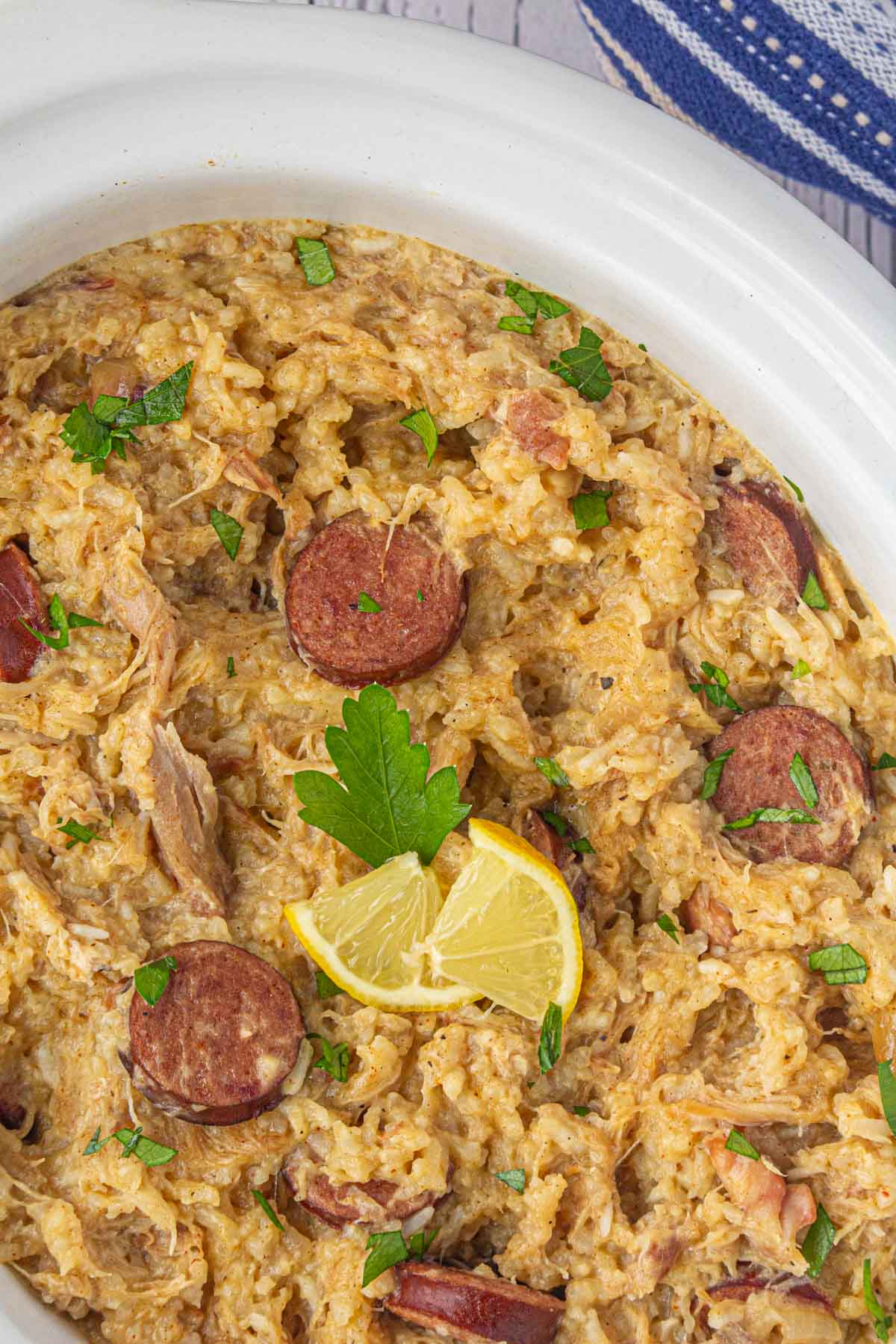 An overhead view of Crockpot Chicken Bog.