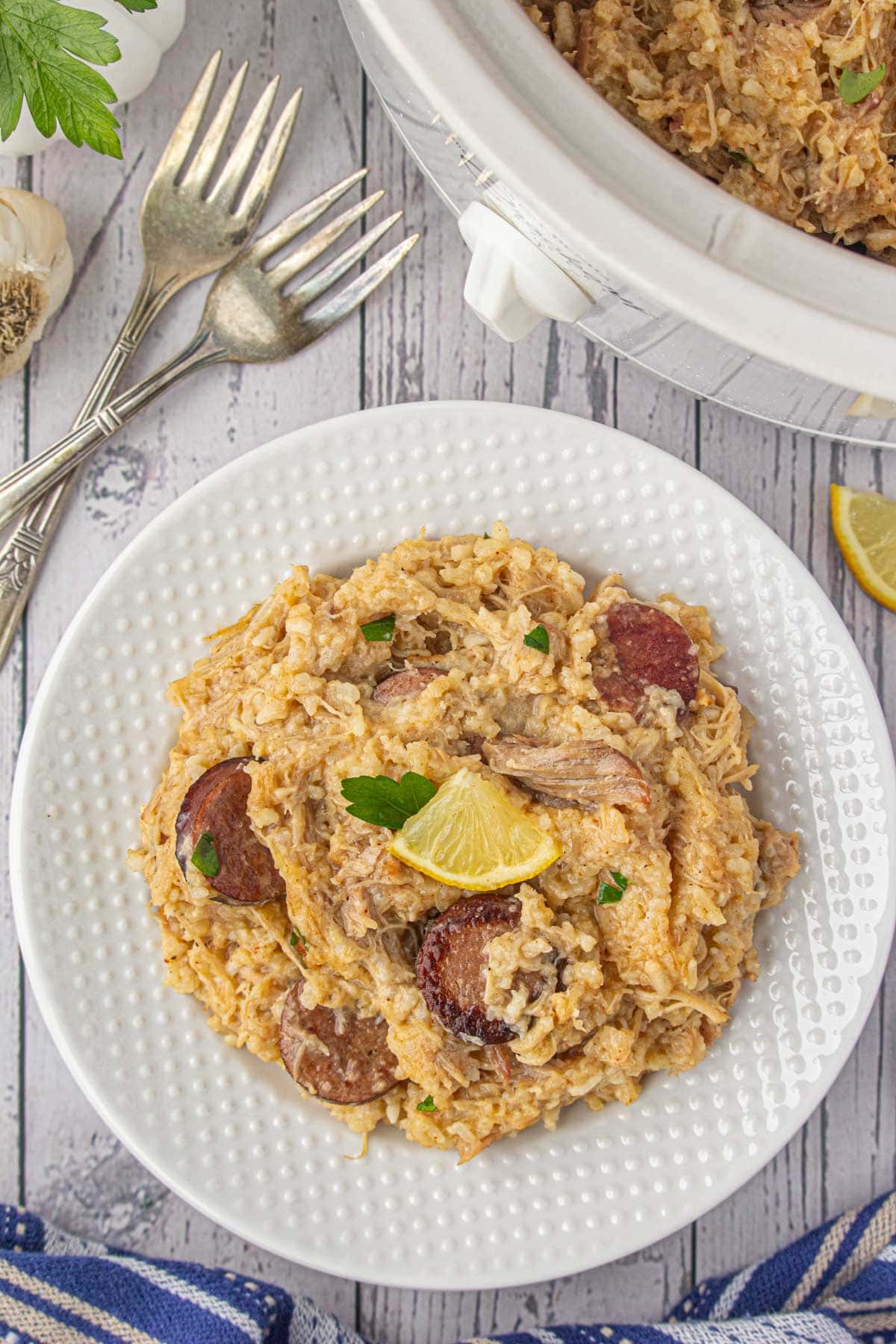 An overhead view of a plate of crockpot chicken bog.