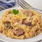Crockpot chicken bog served up on a plate.