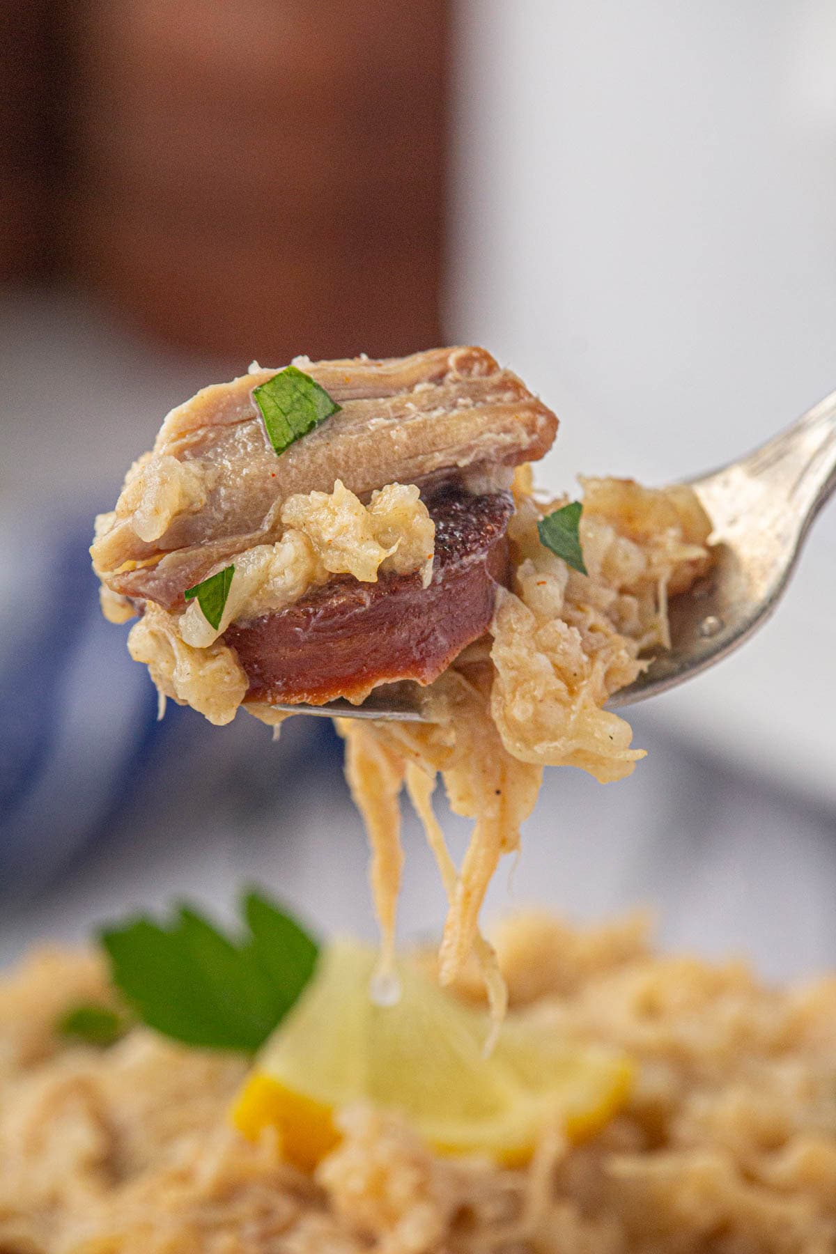 An up-close view of a scoop of crockpot chicken bog on a fork.