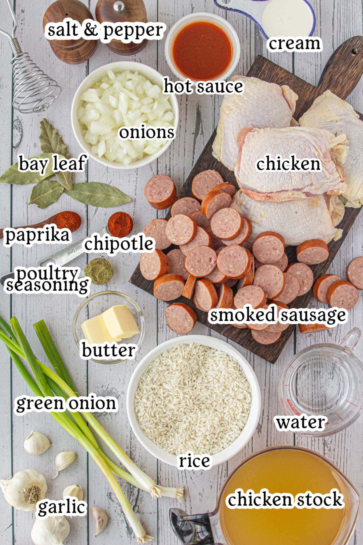 Labeled ingredients fo crockpot chicken bog.