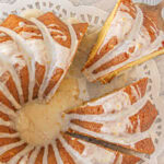Overhead view of cake being served with title text overlay for Pinterest.
