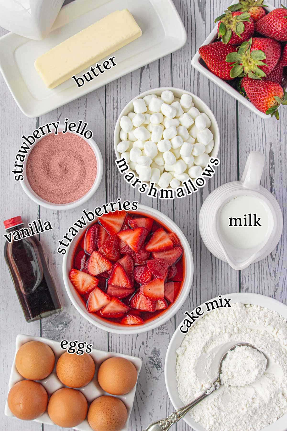 Labeled ingredients for strawberry shortcut cake.