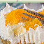 Closeup of a slice of peach icebox pie with title text overlay for Pinterest.