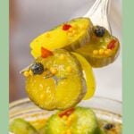 A forkful of pickles being lifted from a jar.