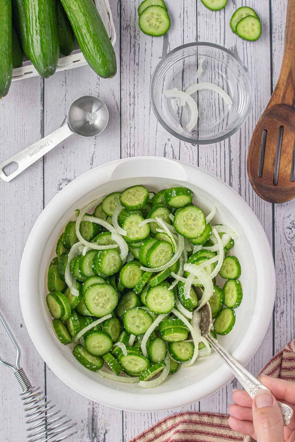 Overhead view of sliced cucumbers and onions in a bowl with salt on them.