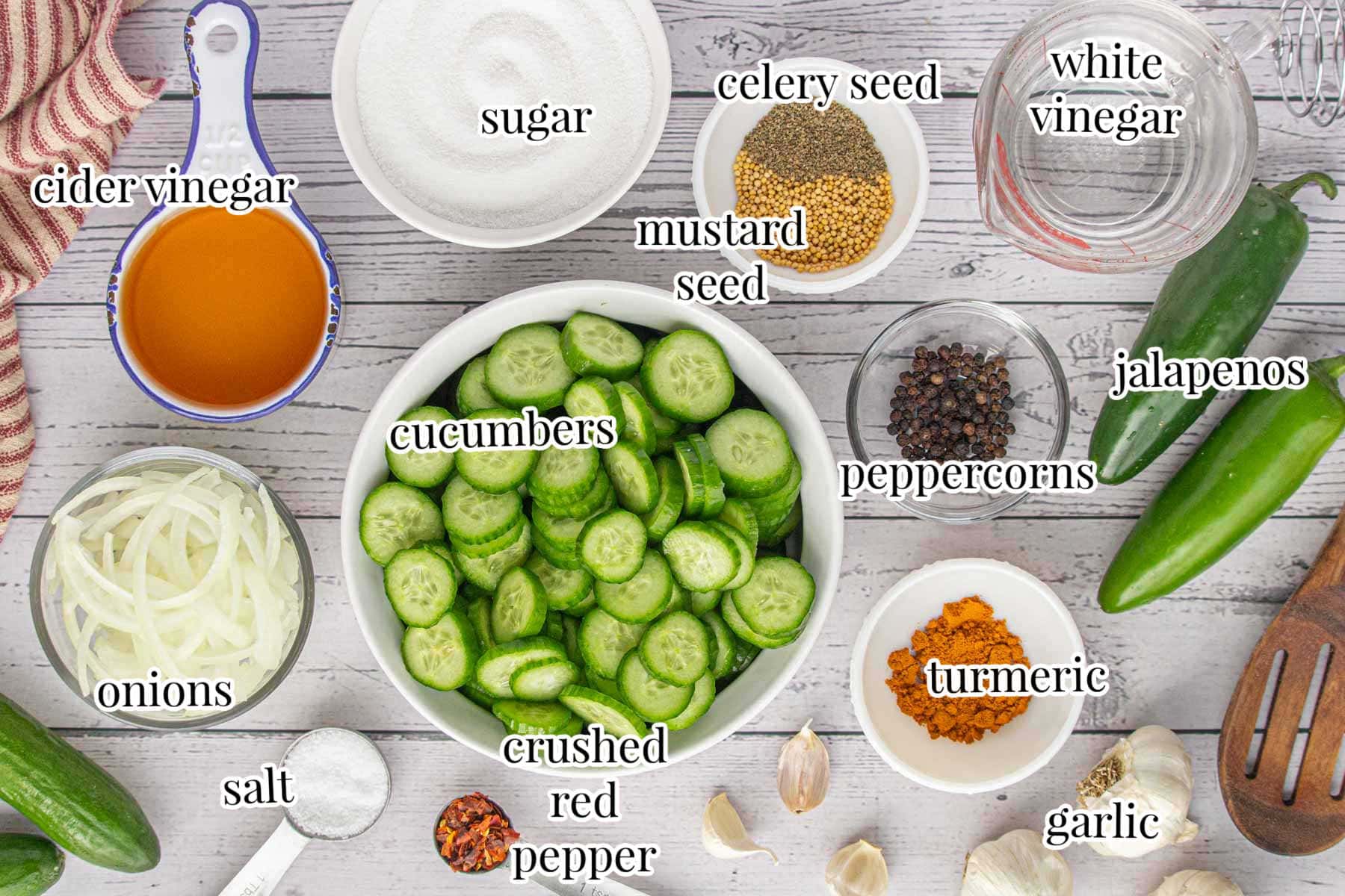 Labeled ingredients for this pickle recipe.