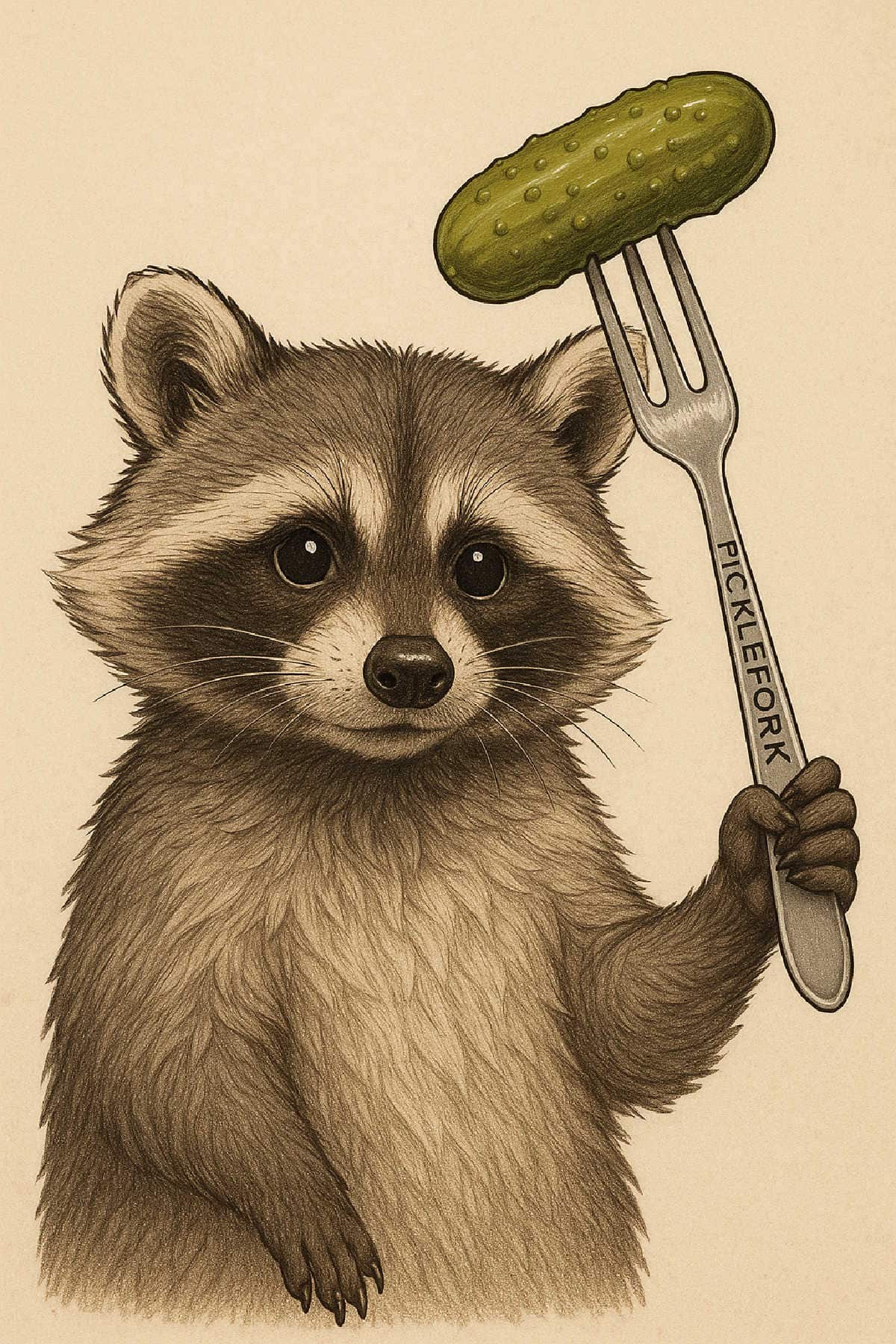 A cartoon raccoon holding a picklefork.