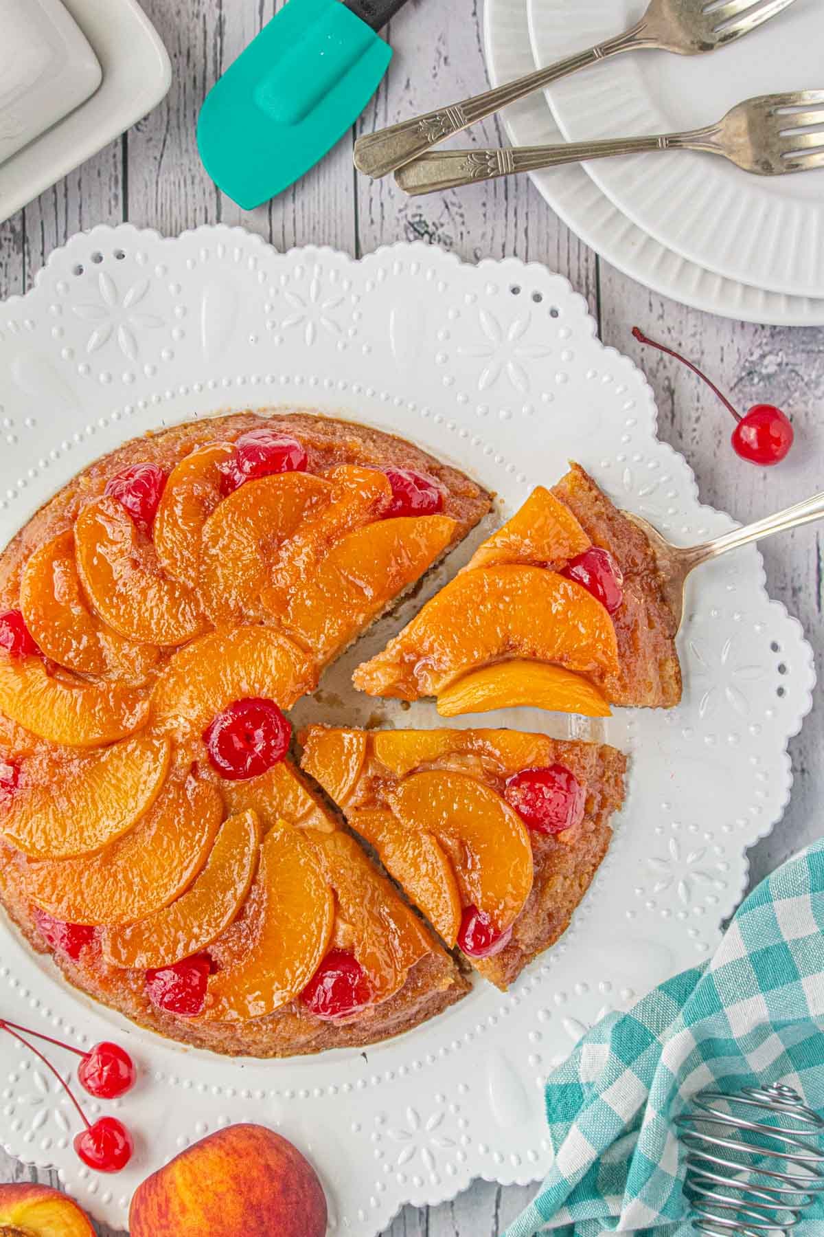 Overhead view of this easy peach cake.